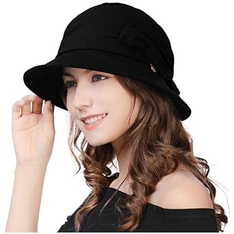 Jeff & Aimy 1920s Cloche Bucket Hat Vintage Fedora Bowler Church Derby Party Hat Fall Spring Floppy Ladies Black M Cover