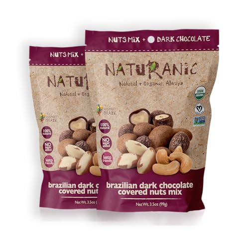 Naturanic Brazilian Dark Chocolate Covered Nuts Snack, No sugar, Keto friendly, Net Carb Zero, All NAtural, Organic, Vegan - Pack of 2