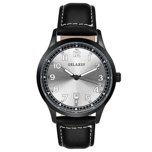 Image of GELAXSY Mens Watches 40mm Quartz Watch with Analogue Display Date Window and Leather Strap Wrist Watch for Men Water Resistant (Black White)