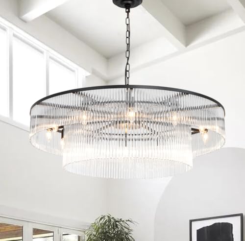 Akeelighting Black Glass Chandelier, Large Modern 2-Tier Glass Rod Chandelier