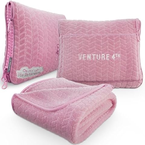 VENTURE 4TH Travel Blanket and Pillow Set – Ultra-Soft Compact 2 in 1 Traveling Pillow and Blanket for Women, Men and Kids - Cozy, Lightweight & Portable for Airplane, Bus or Road Trips - Pink Cover