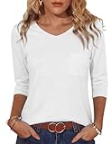 Crewhpo Camiseta Mujer Manga 3/4 Cuello en V Elegante Básica Blusas con Bolsillo en el Pecho Color Liso Camisetas Ligero Casual Verano Top