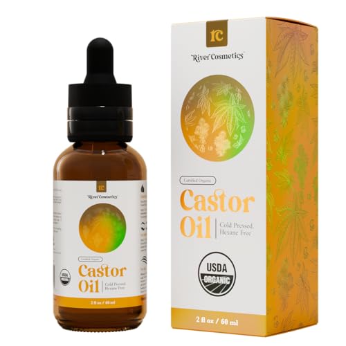 River Cosmetics Organic Castor Oil, Cold Pressed in Glass Bottle for Naturally Nourishing Hair Care and Skincare, USDA Certified Organic 100% Pure Castor Oil, Hexane Free, 2 Fl Oz.