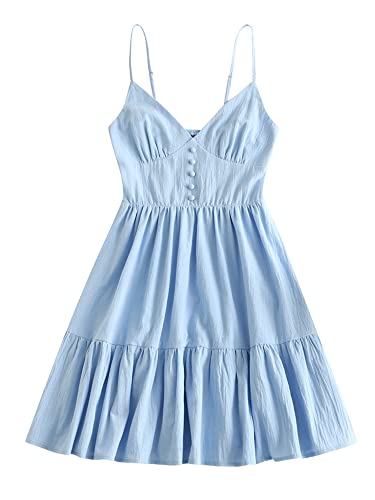 ZAFUL Women's Casual V Neck Summer Mini Dress Spaghetti Strap A-Line Short Dresses Backless Solid Color Sundress