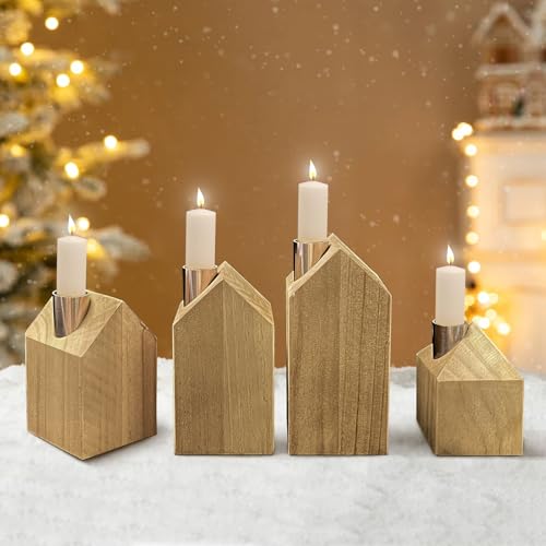 Adventskranz Modern Deko- Adventskranz Holz, Weihnachtsdeko Tisch,Adventskranz Länglich Adventsgesteck,Hausform Advent Kerzenhalter Weihnachten mit 4 Aluminium Haltern für Wohnzimmer Tisch Adventsdeko