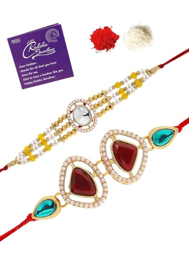 Image of Sukkhi Rakhi Excellent Kundan & Pearls Designer Gold Plated Premium Rakhi for Brother with Roli Chawal & Greeting Card|Rakhi for Brother /Bhaiya /Bhai /Men|Kundan Rakhi|Rakhi Combo-Set of 2