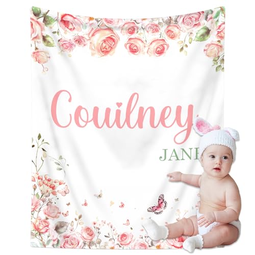 Image of Personalized Baby Blanket with Name, Custom Name Blanket for Kids Soft Flanne Blankets in Easter Personalized Baby Gifts for Infant Newborn Shower (Rose)