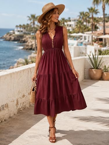 Image of BROVAVE Womens 2026 Summer Sleeveless Shirt Dress Collar Striped V Neck Casual Midi Dresses