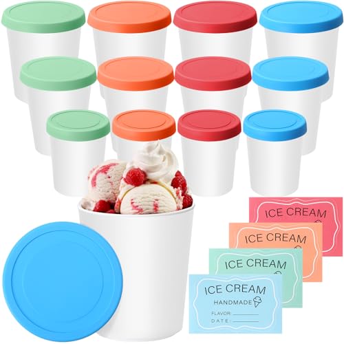 Blushtier 12 Pcs Ice Cream Containers for Freezer Leak-free Ice Cream Storage Container with Silicone Lids Reusable Storage Container for Homemade Gelato, Sorbet, Dessert