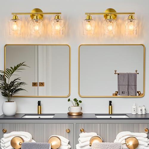 WILON Modern Bathroom Vanity Light, 3-Light Gold Vanity Lighting with Hammered Glass Shade, Corrosion-Resistant for Bathroom Vanity, Bedroom, Hallway by WILON - Used condition - Image 2