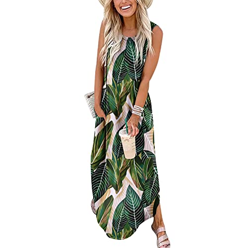 FANDEE Sleeveless Loose Maxi Dress Casual Summer Dress for Women Round Neck Long Maxi Dresses for Women Split with Pockets Leaf Print Medium