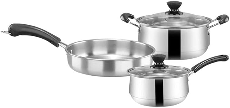 3pcs Stainless Steel Cookware Set Flat Bottom Frying Pan Soup Pot Milk Pot Kit Color B vision