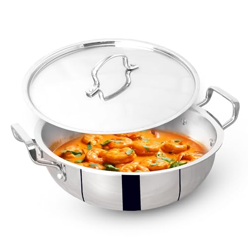 Image of The Indus Valley Triply Stainless Steel Deep Kadai /Kadhai 4.5 LTR with Stainless Steel Lid | 26 cm /10.23 inch, 2.05kg | Induction Friendly | Nonstick 3-Layer Body, 100% Pure & Toxin-Free