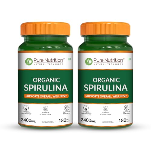 Image of Pure Nutrition Organic Spirulina 2400mg (Per Serving), 360 Veg Tablets (180X2) | Spirulina Powder Organic Tablets | Supports Healthy Skin & Boost Immunity | Support Weight Management & Detoxification