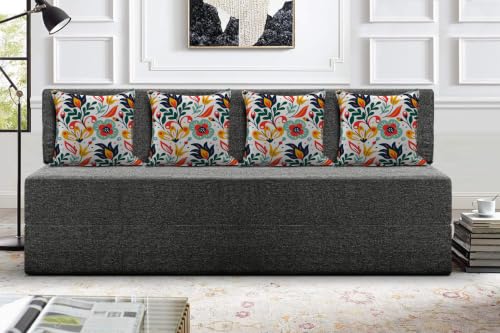 Image of Los Angeles Foldable Four Seater Sofa Cum Bed, Sofa Bed 6 X 6 Feet Jute Fabric Washable Cover- Including Cushion Perfect for Living Room - Black
