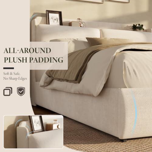 Image of Garvee Queen Upholstered Bed Frame with Shelf & Drawers- Beige