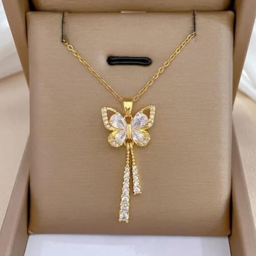 Colar Feminino Metamorfosis Banhado a Ouro 18k com Pingente de Borboleta em Aço Inoxidável e Zircôni