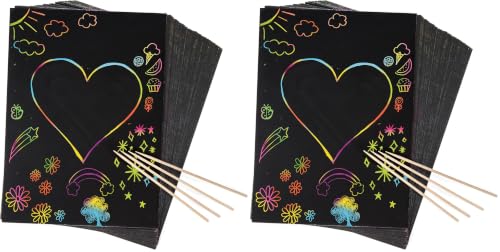 Image of 50 Piece Rainbow Scratch Paper - 4 Wooden Styluses Included - Create Rainbow Scratch Art with This Jumbo Craft Pack (Pack of 2)