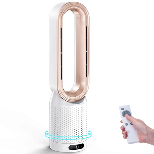 【2025新登場・冷暖兼用羽なし扇風機】SAMONIC タワーファン 冷風機 3段階暖風・10段階冷風切り替え 100°自動首振り 強風＆微風＆静音モード 大風量 夏冬兼用 セラミックヒーター 電気ファンヒーター 寒さと熱中症対策 転倒自動OFF 過熱保護 省エネ 軽量 持ち運び便利 部屋・洗面所に適用 PSE認証済み 日本語取扱説明書 (ゴールド)