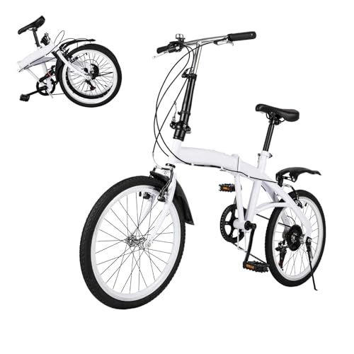 SUONTY Bicicleta plegable de 20 pulgadas, bicicleta de ciudad plegable de 6 velocidades, para adultos, altura ajustable, para adultos, capacidad de carga de hasta 90 kg, color blanco