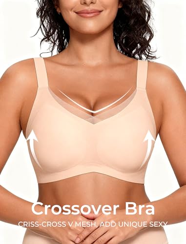 Image of Vinfact Womens V Lace Wireless Seamless Bras No Underwire Comfort Push Up Bras Supportive Full Coverage Bralettes T Shirt Bra