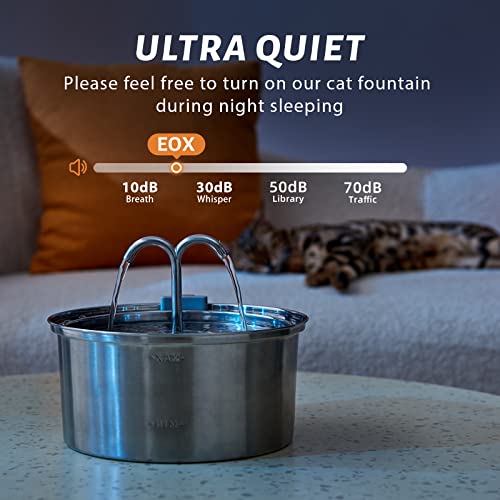 Eox Cat Water Fountain Stainless Steel, 3.2L/108Oz Automatic Pet Water Fountain Dog Water Dispenser Water Bowl With 3 Replacement Filters, Ultra-Quiet Pump, 1 Waterproof Mat And 1 Cleaning Brush #TOP3