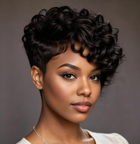 BeiSDWig Short Pixie Cut Synthetic Wigs For Women, Short Wavy Dark Brown Hair with Natural Texture, Casual Style