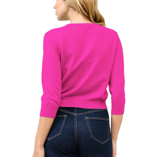 Image of Women's Cropped Cardigan 3 /4 Sleeve Crewneck Button Up Sweater Knit Top (S~XL)