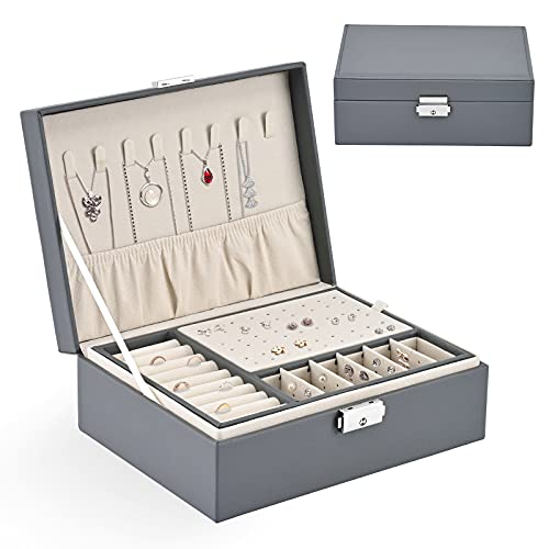 Lighsele Schmuckkästchen Damen, PU-Leder Schmuckkästchen mit Doppelschichte, Schmuckaufbewahrung für Ohrringe, Halsketten, Uhren, Ringe, Schmuckbox Schmuck Organizer für Damen Mädchen (Grau) Cover