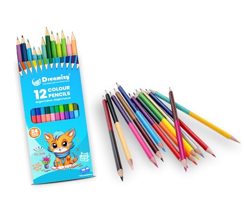 Dreamizy – Dual Colour Pencils – 12 Pencils | 24 Shades With Sharpener | Long Wooden Colouring Pencils For Kids & Adults