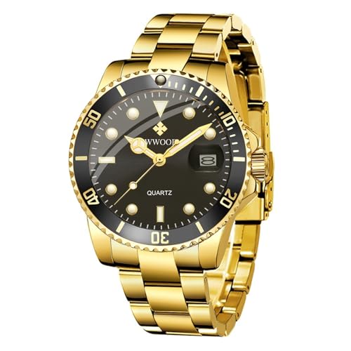WWOOR Black Gold Watches for Men Luxury Stainless Steel Big Face Mens Watch Classic Date Rotatable Bezel Analog Quartz Waterproof Men's Wrist Watches Relojes para Hombres