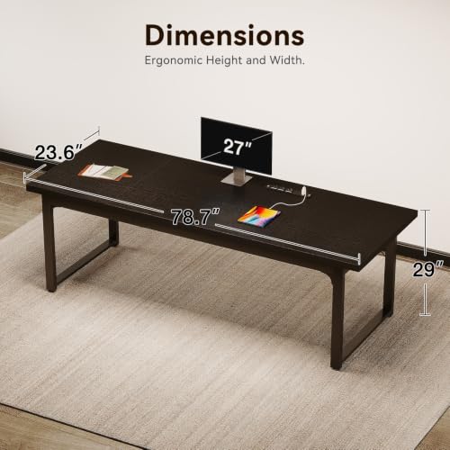 Image of Coleshome 79 Inch Long Computer Desk with Power Outlet, Thicker Desktop & Legs, Large Heavy Duty Office Desk for Home Office & Gaming, Black