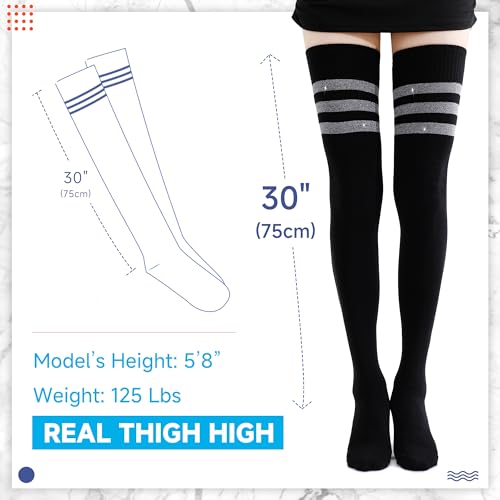 Image of Kayhoma Extra Long Cotton Stripe Thigh High Socks Punk Style Over the Knee High Stockings, Silver, 1 Pair, Medium, Silver /Black