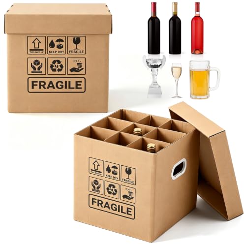 Image of 6 Pack 5-ply Wine Glass Moving Boxes with Fragile Label Holds 9 Stemware | 12 x 12 Inch Glassware Packing Boxes with Lids and Handles, Heavy Duty for Champagne Glasses Wine Glassware Crystal
