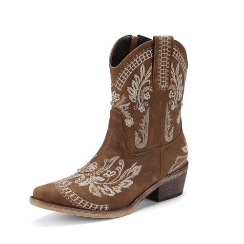 Image of Rhinestone Ankle Cowboy Boots for Women Embroidered Short Cowgirl Boots with Low Heel Side Zipper Comfortable Chunky Heel Western Booties for Prom Party Wedding Pull On Shoes