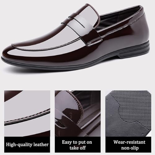 Mens Patent Leather Chunky Heel Penny Loafers Classic Smooth Pointed Toe Slip-On Low Heel Dress Tuxedo Shoes for Work Business Wedding Formal Shoes3