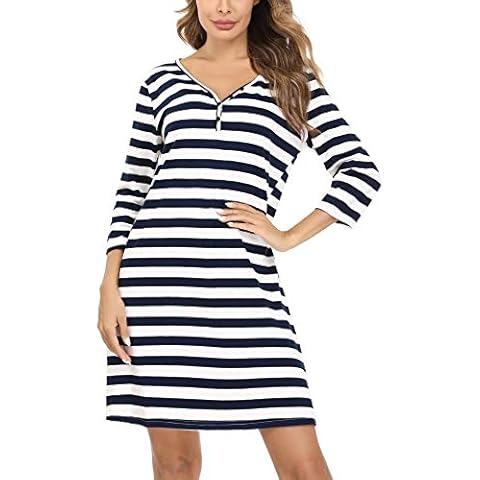 Doaraha Women's Nightdress Striped Sleep T Shirt V Neck 3/4 Long Sleeves Nightgown Sleepwear Loungewear Navy Blue Cover