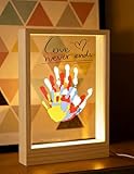 SciFiVisi Familien Handabdruck Set mit LED Nachtleuchte Fußabdruck Baby Set und für die Ganze Familie mit 4 PS-Platten,handabdruck set für paare, Holzrahmen Zum Basteln für Geschenk(Holzfarbe)