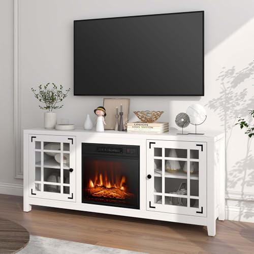 SIMOE Electric Fireplace TV Stand, 58 Inch Modern Console for TVs up to 65", Fireplace Heater w/3 Brightness, Entertainment Center with 2 Open Shelves & Cabinets, 6H Timer & Remote Control