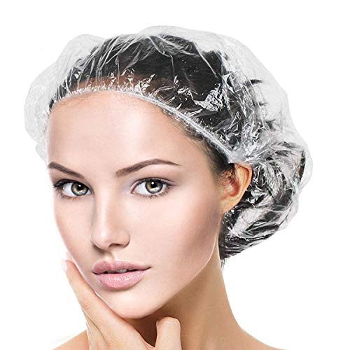 AYWFEY 100 Pieces Clear Disposable Shower Cap, Portable Elastic Shower Bath Cap Thick Large Waterproof for Women Spa,Travel Spa, Hair Salon, Hotel and Home Use