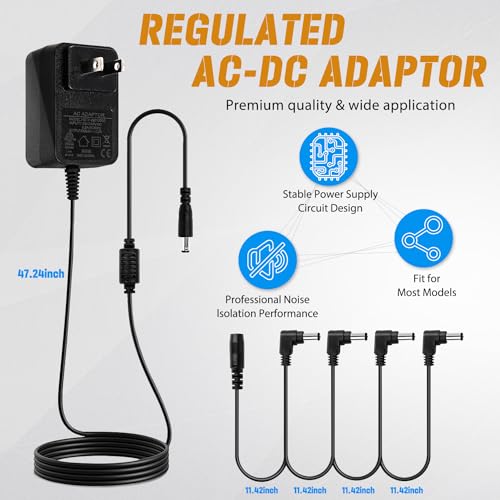 Image of STRICH SPA-10 Guitar Pedal Power Supply Adapter (1000mA -1A) AC DC 9V with 4 Way Daisy Chain Pedal Cables, Compatible for Most Effect Pedals (Tip Negative), Black