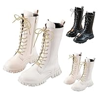 Demon Boots Girls hunters white boots Non Slip Lace Up Riding Boots Mid Calf Combat Booties Fashion Trendy Waterproof PU Leather Side Zipper Punk Goth Boot 4-12 Years Fall Winter