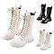 Demon Boots Girls hunters white boots Non Slip Lace Up Riding Boots Mid Calf Combat Booties Fashion Trendy Waterproof PU Leather Side Zipper Punk Goth Boot 4-12 Years Fall Winter