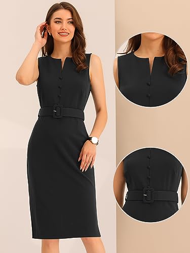 Allegra K Sleeveless Work Sheath Dress for Women's Elegant Round Neck Belted Bodycon Pencil Dress2