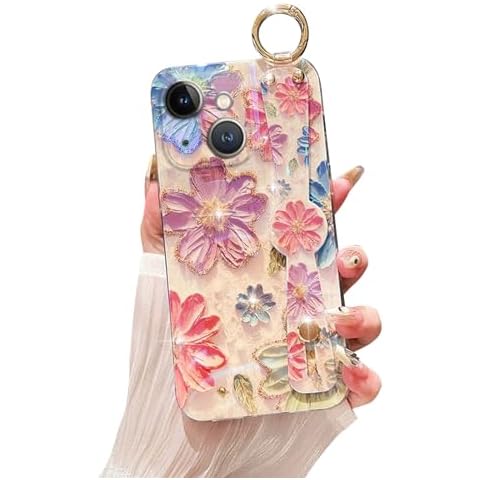 siduater Hand Strap Holder Case for 6.1" iPhone 14 with Kickstand - Wrist Strap Band Soft Design Shockproof Cover, Adjustable Handle Grip Loop for iPhone 14 6.1 Inch, Cherry Blossom Cover