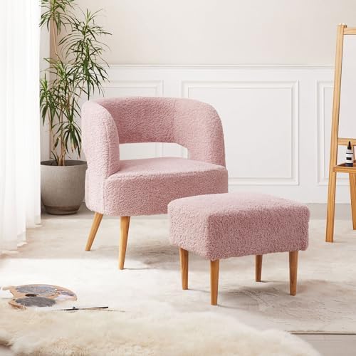 Miniatura 5 de Living&Giving Silla decorativa con sillón otomano Sherpa y juego otomano con respaldo, patas de madera con brazos para leer, sala de estar,