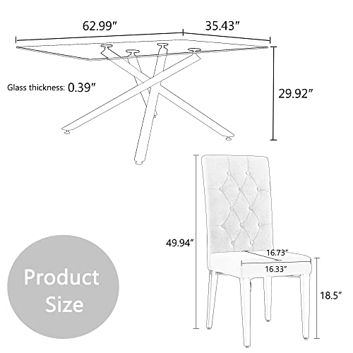 5 Piece Dining Table Set,63" Rectangular Tempered Glass Top Kitchen Table And Dining Chairs Set Of 4,Modern Grey Velvet Upholstered Chair And Silver Metal Dining Room Tables For Kitchen, Living Room #TOP6