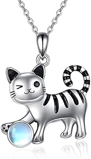 VENACOLY Cat Necklace 925 Sterling Silver Moonstone Zirconia Heart Pendant Necklace Moon Pendant Cat Jewellery Birthday Gifts for Women Cat Lovers