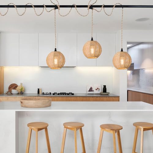Image of 3 Lights Plug in Pendant Light with Cord On /Off Switch | Rattan Hanging Lamp with 22ft Hand Woven Wicker Plug in Chandelier Boho Hanging Lights Fixture
