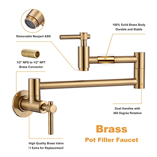 Iviga Wall Mount Pot Filler, Gold Brass Pot Filler Faucet With 2 Handles, Single Hole Stretchable Faucet With Double Joint Swing Arm Pot Filler Above Stove #TOP3